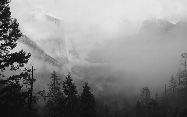 Yosemite Valley storm, 1980s.<br>
Photo by Blitzo.