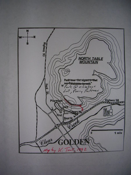 An old map I made in 1992.  Red line shows where the climber's trail goes now.  This map was part of an article in Rock & Ice, 1992.  I also added my topo's for Brown Cloud Crags, Overhang Area, Industrial Buttress, and Winter Warmer.  Except for the new routes at Winter Warmer, no attempt was made to add all the routes that have gone in since '92.  I thought the locator insets might be of use to others since all the books are out of print.