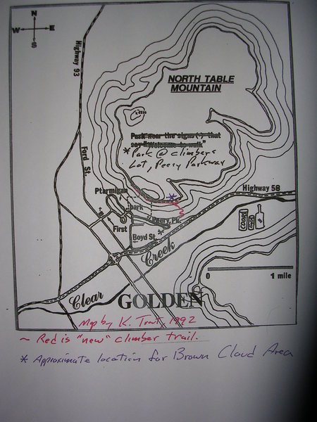 This is an old topo from 1992. If approaching from the east on Hwy 58, then take the Boyd Street Exit.  After two stop signs, head uphill.  Look for Peery Parkway at the top of the Boyd St hill. The climber's Parking is at the east end of Peery Pkwy. <br>
<br>
Hike the climber's trail (red) to the main cliff band.  There is a right fork near the top that will take you over to Kid's Climb.  Or use the main trail all the way up, turn right (east) at the cliff, and pass a few routes to get to the Deck Chairs alcove.