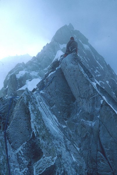 Jonathan Smoot on the challenging lower North Ridge in winter, 1978.