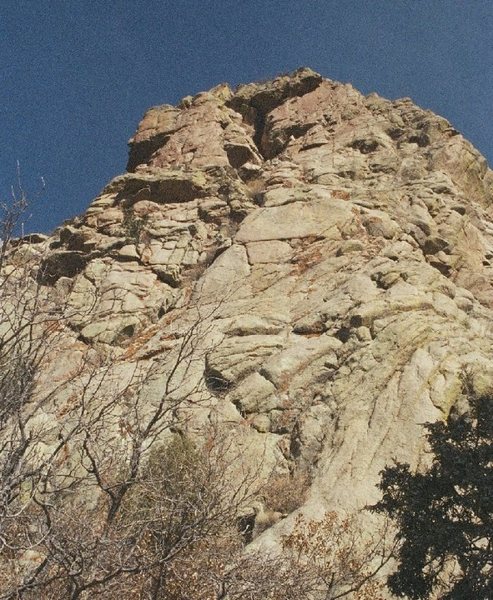 Ego Boost - Looking up at the big roof on the route <em>Hang Glide</em>.