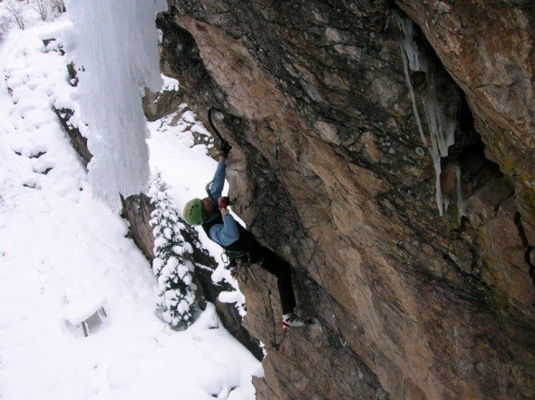 Past the crux on High Tor<br>
(The ice in the photo is not on the route it is near the camera man.)