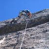 tom rogers leading the crux pitch on goldmember