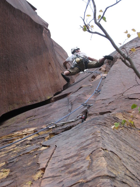 My brother leading the sick line up p3.  It may appear that his pieces are inches apart, but he is probably 30-40 ft off the belay here.