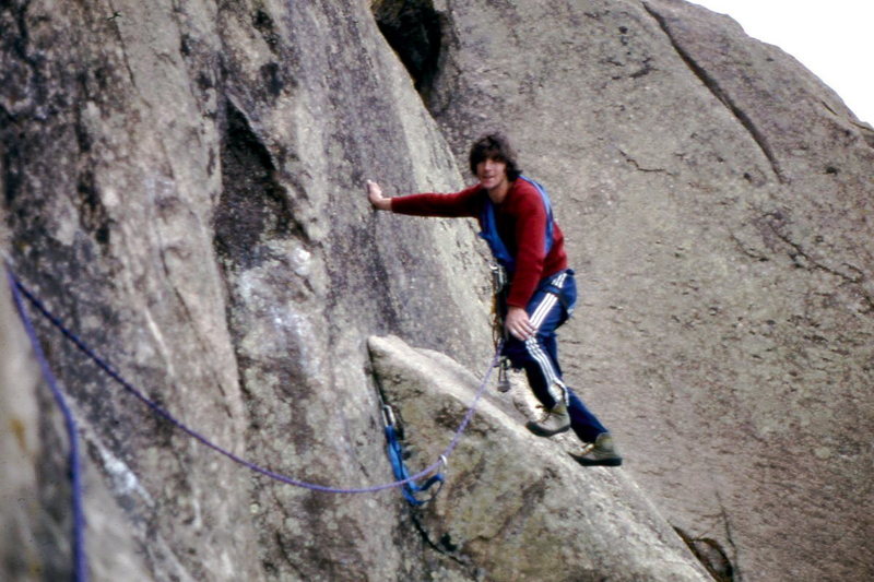 Charles in 1979 after a very scary 11+ traverse that had a real bad fall if blown (for both of us). I repeated this climb last summer (2007) and a bolt has appeared smack under the crux pinch move. Wimps!