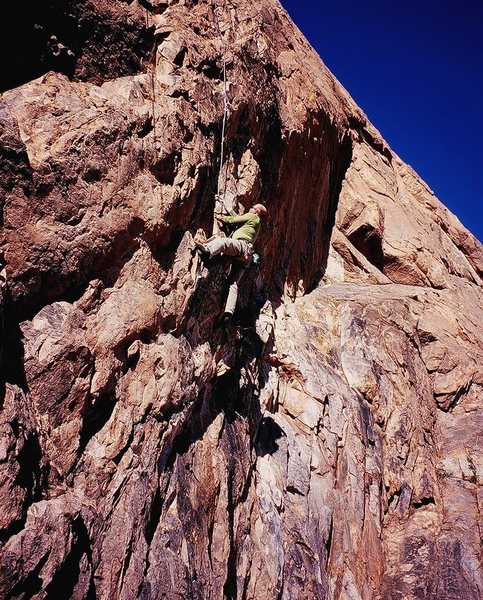 Ron Roach follows a typical Zappa Dome sport climb, moderate and near-vertical. Photo by Tony Bubb, 12/26/07.