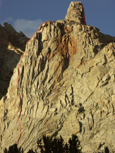 Long shot of South Continental Tower showing our route Continental Drifters (IV 5.11). 