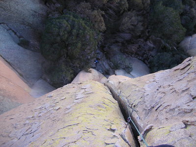 Looking down the first pitch of Days of Future Past.  End Pinnacle, Rockafellow Domes.