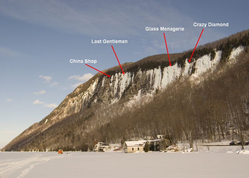 Willoughby ice climbs with landmark lines indicated with arrows.