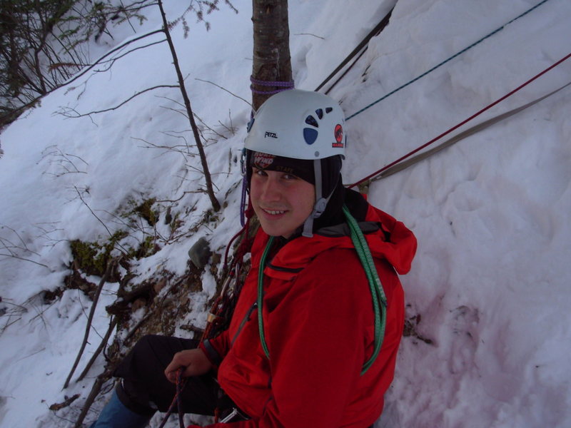 Relief, me at the ridiculously over rigged rappel anchor on Nightfall.