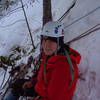 Relief, me at the ridiculously over rigged rappel anchor on Nightfall.