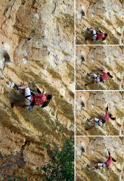 Sarah making the crux throw on Rawhide.