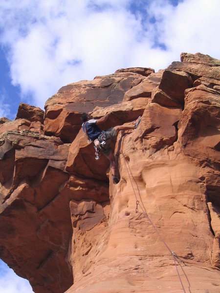 Top of the final pitch (4th) of Otto's Route.  Exposed and a little burly but great holds the whole way. Beautiful place.