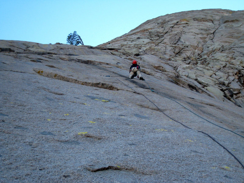 Surveying the rest of the second pitch after clipping the second bolt and moving right on a decent foot ledge. The big tree a top the fourth pitch can be seen above. 