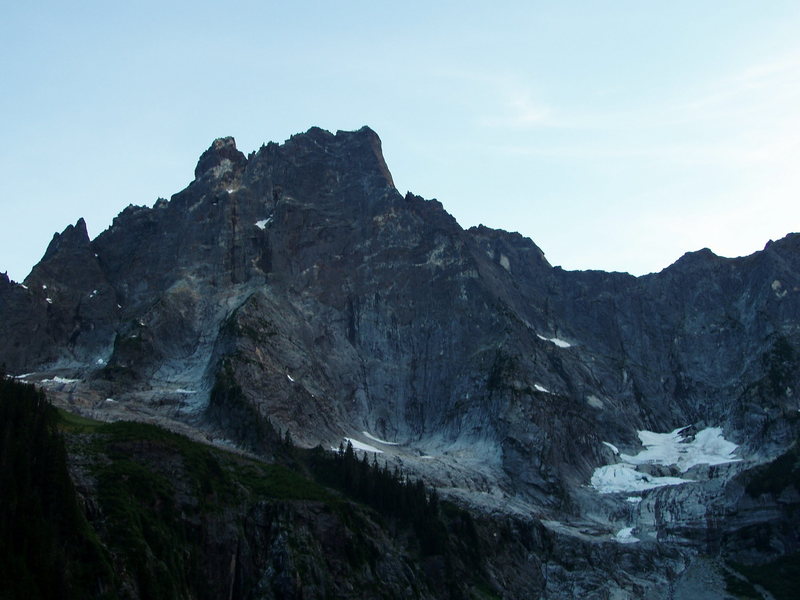 The NE butrtress route, including the Bypass Glacier (center) and the Slesse Glacier (left)