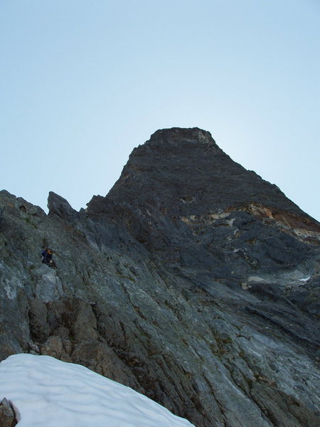 Leading up out of the bivvy ledge.  We simul-climbed this for 3-4 pitches.<br>
Summit ridge above.