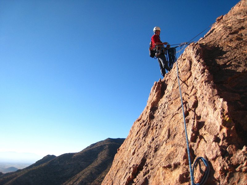 The belay at the top of pitch 5 of Moby Dick.  Note the bomber slung head.