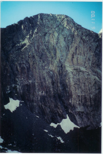 Ichiban in the upper cirque of Tijeras Peak's south face. The route goes from the right of the snow field at the base to the summit.