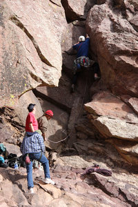 Aaron starting the first pitch of the West Overhang (6+).  After the first few move the route cruises into 5.4 through the slot directly to the right of the big block.