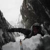 Andy Grauch about to top out into the first of two belay caves on Brain Freeze.  Photo taken on 2/24/08.