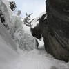 Thick ice but lots of snow make for a short climb in Chockstone Chimney on February 23, 2008.<br>
<br>
Photo by Matt Newman