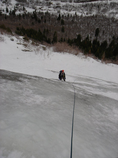 Looking down on Jonathan at the start of the climb. The ice is plenty thick.