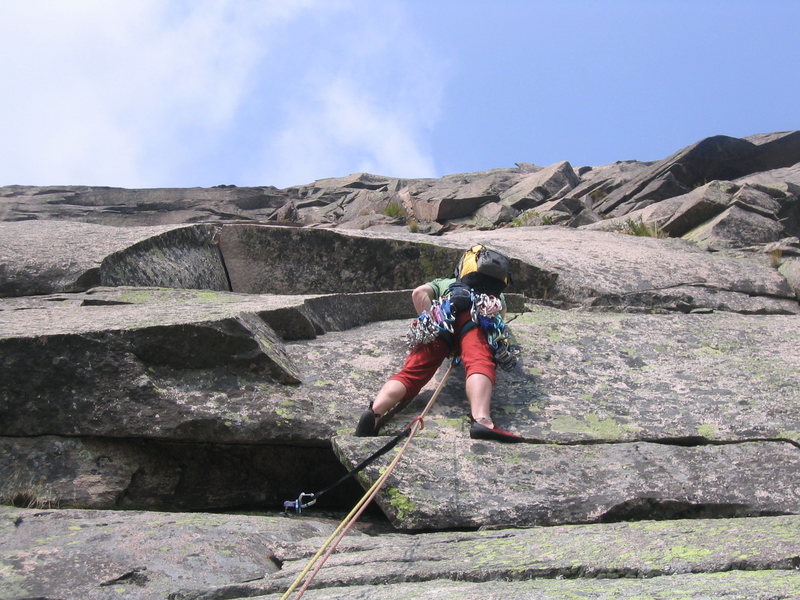 The was my first time up moby grape and i took a variation (oops) to get to the roof on pitch 3... the part im on here felt about cannon 5.9 or 9+ but was very fun... the moderate way is to the left...