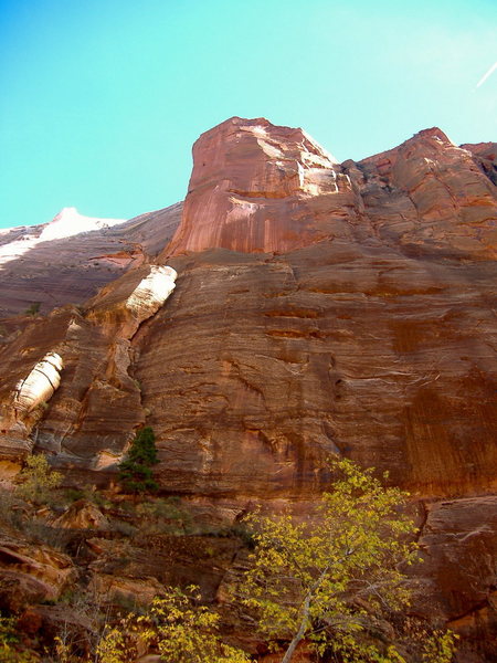 The Desert Shield Buttress with the upper portion of Desert Shield on the left (with climbers in view). Disco Inferno climbs the large chimney left of center in the photo and continues on the headwall above, climbing the obvious roof.