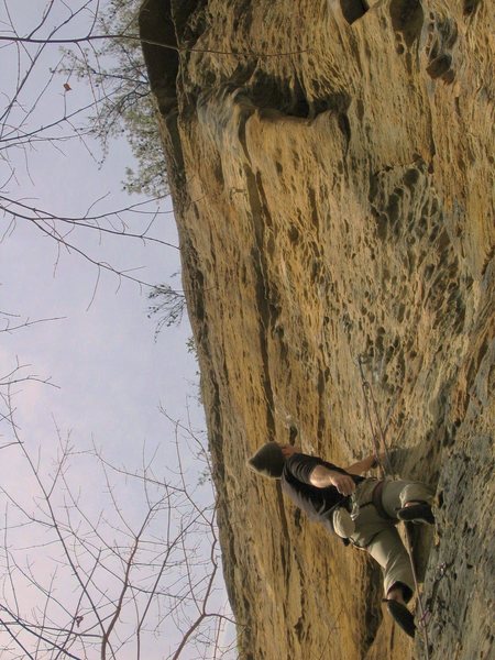 STEEEEP...as usual at the Red.  <br>
<br>
Kris sizing-up Super Dario, 5.11a.  <br>
 