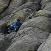 A cold winter day in the "warm" Bowling Alley.  If there is a crux on this pitch, this would probably be it.