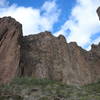 Looking up at the inspiring formation from the approach to the climb.  Ascends large gully on the left.