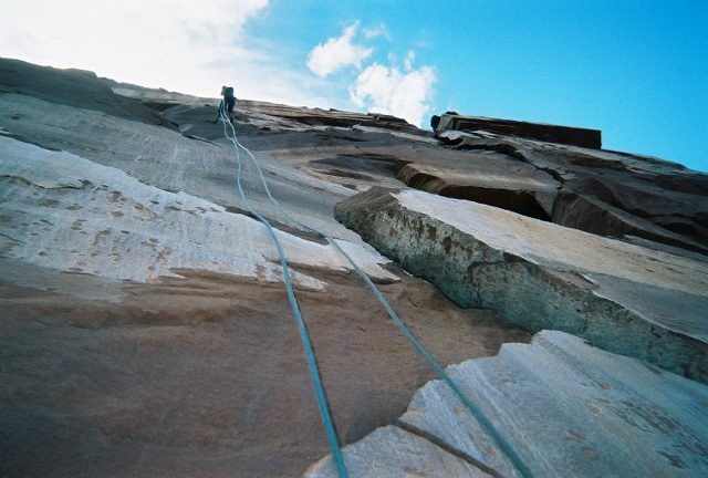 Rappin' the north face of Castleton Tower--dead vertical for 3 double raps