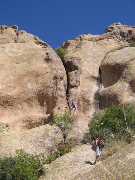 good climb for taking beginners. I'm in the blue shirt. Directly above me (and to the direct right of the crack) is a nice bulge that beginners seem to like to hug. 