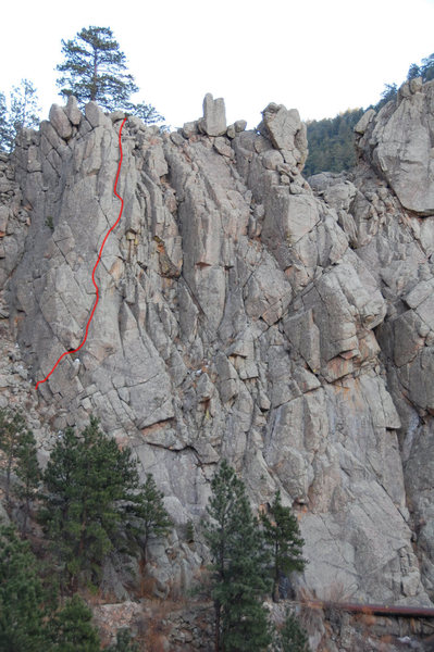 Flash Dihedral (Knapp Version) on the First Elephant Buttress.  Route shown in red.