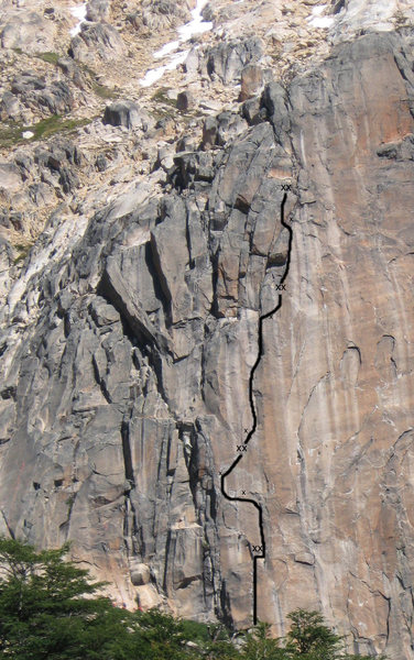 This is a photo showing all of La Tapia and the general location of the route on the formation.  All anchor bolts are shown and location of anchors and protection bolts are approximate.  All protection bolts are not shown