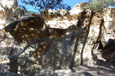 The Wave Boulder; a nice V0 sit start in the middle that goes straight up and tops out. There is a V2 variation that starts at the same spot, but the route moves to the right where you top out on the taller right side of the boulder.  There is a nice V1 traverse as well. You start at the same sit start as the others, but you top out where the V0 does but you then traverse all the way over to the left side of the boulder.