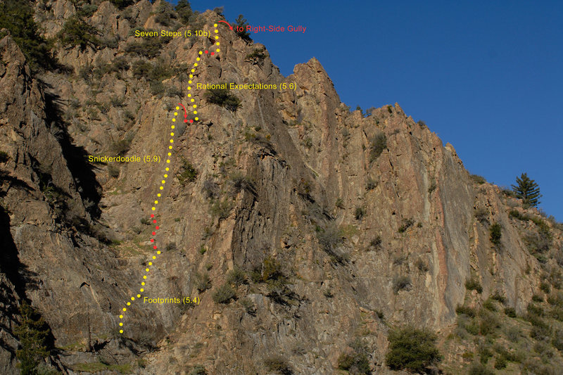 The following photo depicts a highly-recommended circuit that allows you to climb four pitches up the Central Gully and drop into the Right-Side Gully to climb the routes there.<br>
<br>
UPDATE: Check out "Spontaneous Order" (5.10a), an even better option for climbing to the top!!