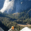 Daren coming up to the ledge below the slab crux/pendulum pitch...