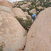 Some people hop off the back.  We thought it was way easier to down-climb(maybe 5.5) the left side onto the boulder that houses   Tricky Face