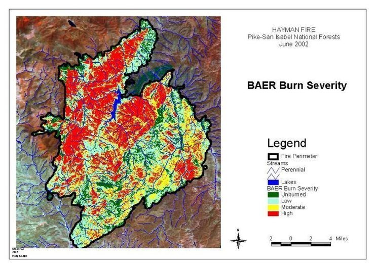 burn area of the Hayman fire, 2002.<br>
Cheesman Reservoir is near the center to put it in perspective.