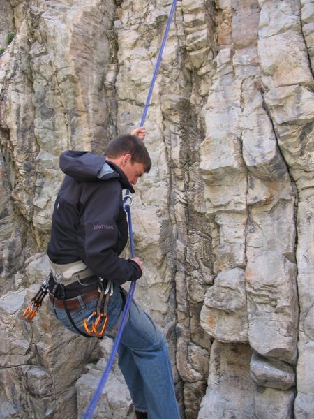 Rapping down after settingn up top rope on The Kitchen,Rock Canyon Utah