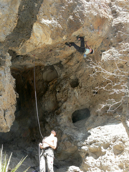 It's fantastically unique to climb something this steep but still keep it at a reasonable 5.11- grade. Allison makes the moves on the near-horizontal section before breaking out over the lip. (Photo: Bill Geist)