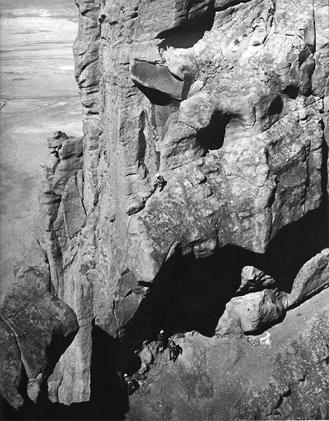 Detail of climbers on the horn pitch from the South summit.  Taken during the "Ship Rock 30th anniversary ascent" in 1969, just before the closure.<br>
