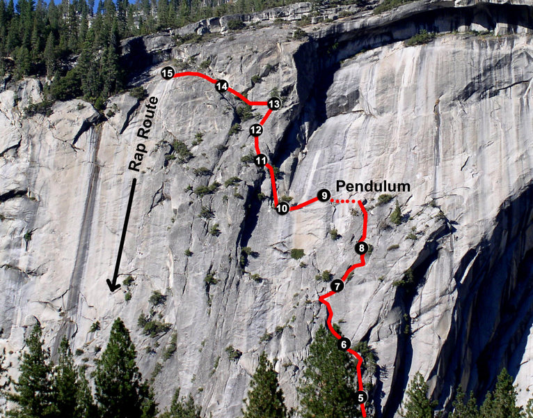 Topo showing pitches 5 through 15 of the Royal Arches Route (5.7). A true classic. Most of the route is clean and pretty straight forward. Just follow the chalk, fixed gear, and other climbers. Although it can get crowded, it's a worthwhile climb.