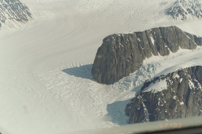 Mooses Tooth. Access point to the west ridge, off the Ruth Glacier.