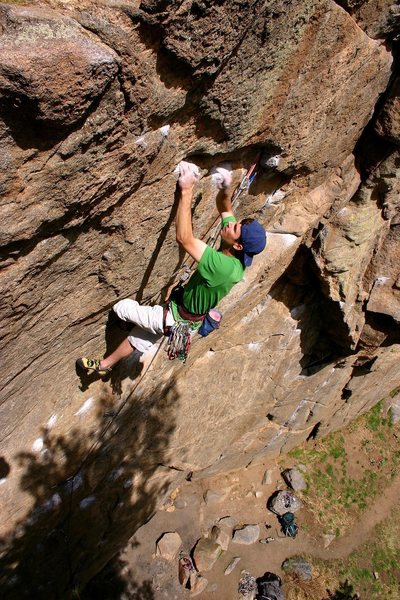 Rob walking the crux.  Notice the cross through flag?  That's style.