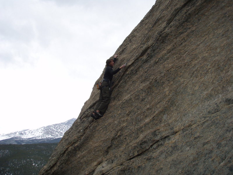 Deb at 2nd bolt. Getting ready to traverse right.