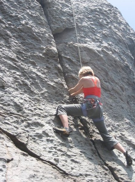 Renee climbing Strawberry Jam in mid April.