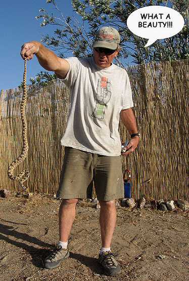 "Snakeboy", Russ Walling demonstrates his expertise with serpents.<br>
Photo by Blitzo.