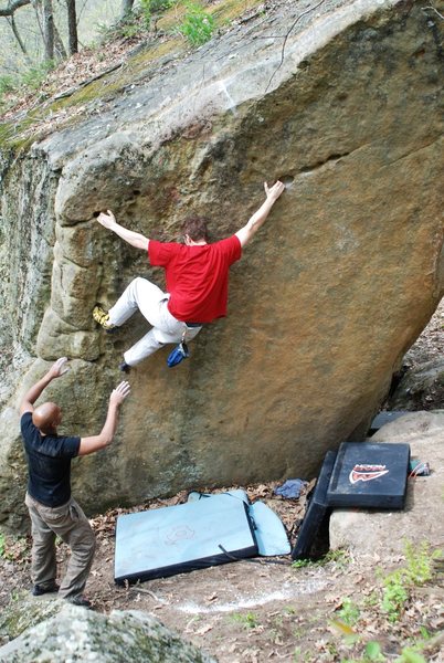 Nathan on the left-hand variation of this sweet problem.  'Course someone ruined the onsight potential for these guys with the world's largest tick-mark...  Better this kind of tick than deer ticks but come on people...